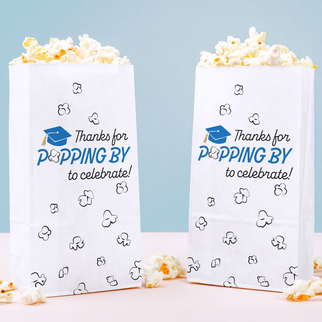 Big Dot of Happiness Blue Grad Thanks for Popping by Popcorn Bags, Royal Blue Graduation Favor, Free-Standing Individual White Paper Bags - 25 Count
